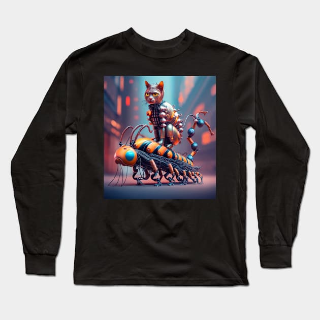 robotic cat riding robotic centipede Long Sleeve T-Shirt by Catbrat